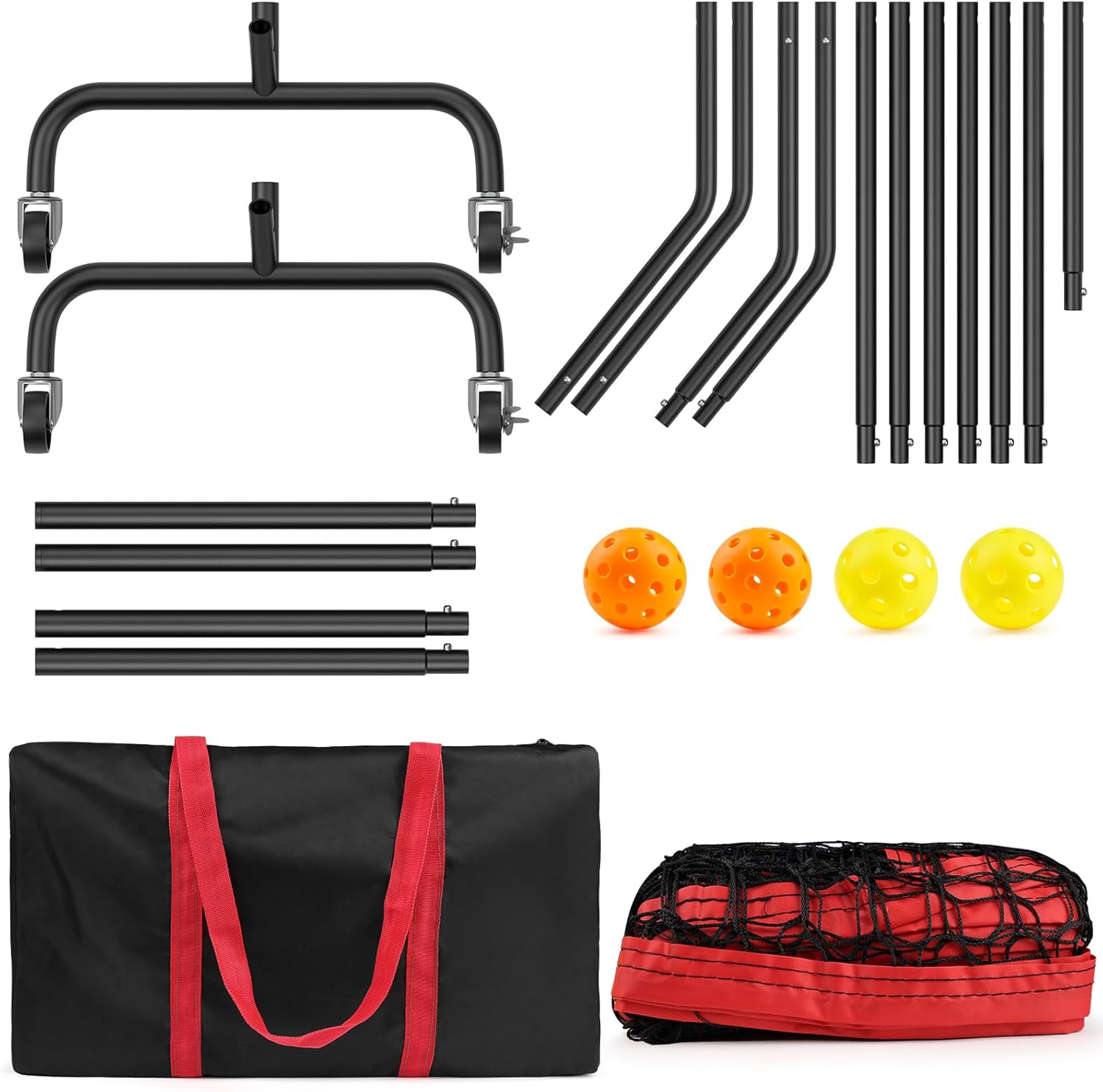 Portable Pickleball Net with Wheels, 22 FT Regulation Size/11 FT Half Court, Weather Resistant Metal Frame and Strong PE Net with Carry Bag and Pickleballs, for Driveway Garages - Black Red